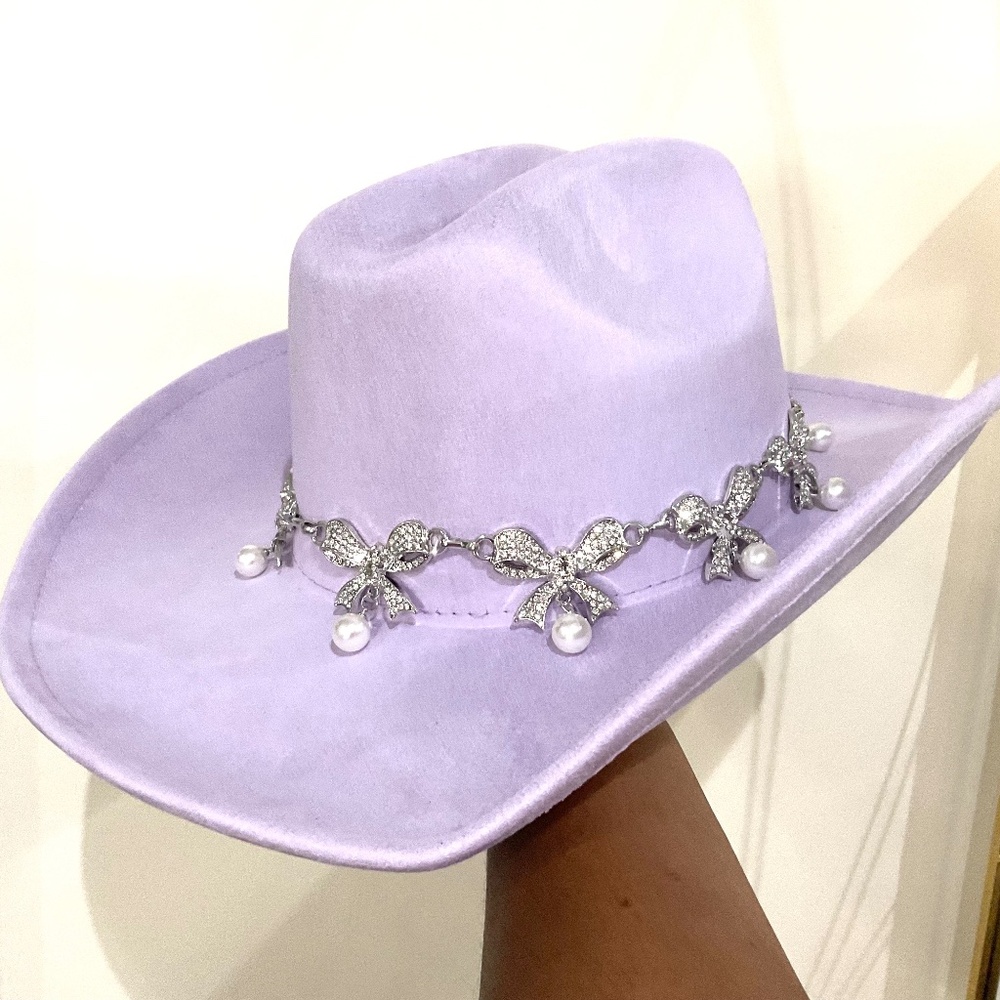 Lavender Purple Pave Ribbon Rhinestone Bow Pearl Charm Western Cowgirl  Hat